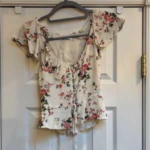 Reformation Cream Floral Tie-Front Ruffle Blouse